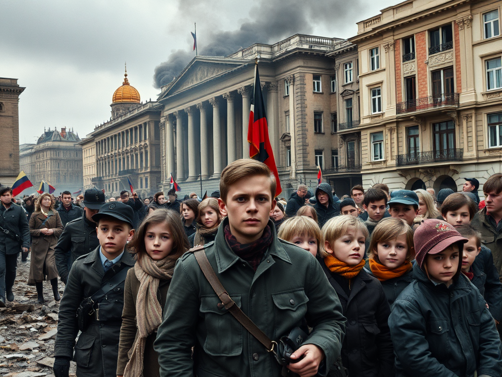 На фотографии толпа людей в исторической одежде на улице города, среди которых дети и подростки.